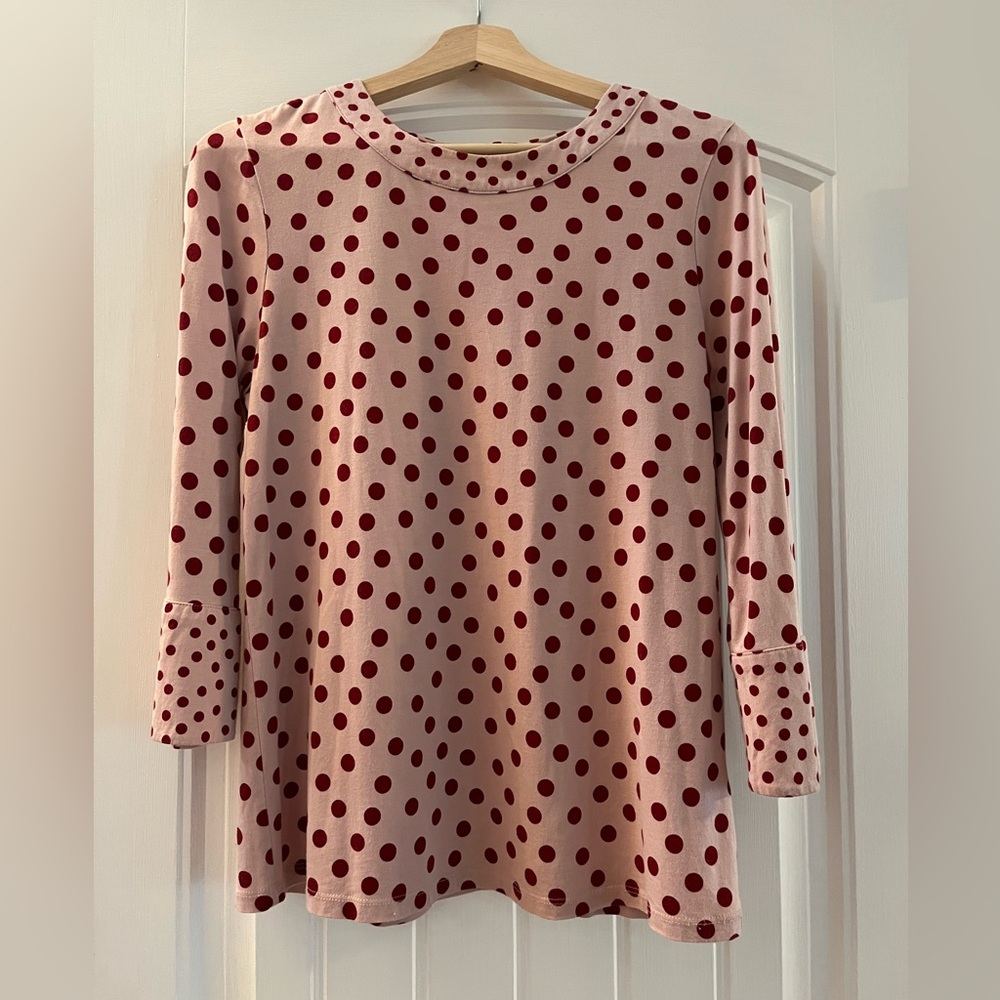 Boden polka dot blouse styled with a cute keyhole back and retro-inspired cuffs.